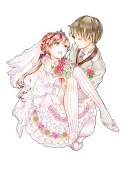  1boy bad_id bad_pixiv_id bare_shoulders bouquet bridal_veil brown_hair carrying closed_eyes couple dress earrings elbow_gloves female flower formal gloves jewelry long_hair mijinkouka necktie open_mouth original pantyhose princess_carry red_hair smile straight striped_clothes striped_pantyhose tiara transparent_background veil vertical-striped_clothes vertical-striped_pantyhose wedding_dress white_gloves white_legwear yellow_eyes 