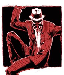  1boy commentary_request fedora formal gloves hat looking_at_viewer male_focus mask md5_mismatch monochrome photoshop_(medium) picoheads pinstripe_pattern red_theme rorschach sitting solo striped suit watchmen 