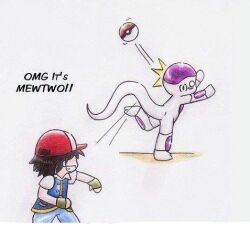  2boys alien ash ball baseball_cap crossover dragon_ball dragon_ball_z frieza gloves hat humor jpeg_artifacts lolicon lowres male multiple_boys parody poke_ball pokeball pokemon satoshi_(pokemon) simple_background smile teeth throwing 