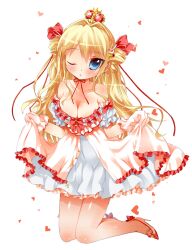  arched_crown bad_id bad_pixiv_id blonde_hair blush breasts crown dress female gloves harlem_heart heart high_heels highres kneeling medium_breasts one_eye_closed original red_crown shoes sodapop_(iemaki) solo 