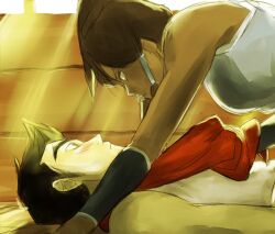  1boy avatar_legends bad_deviantart_id bad_id bare_shoulders black_hair blush breasts brown_hair couple dark_skin female korra light long_hair mako_(avatar) medium_breasts on_ground quimchee scarf short_hair straight the_legend_of_korra 