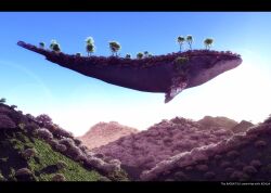  commentary_request day flying_whale hill island_turtle koala_(kaikatsu) letterboxed no_humans original outdoors plant rainbow scenery sky text_focus tree whale 