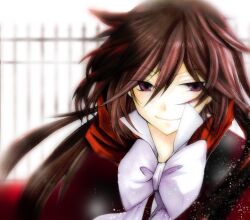  absurdres alice_(pandora_hearts) bow bowtie brown_hair commentary_request female gate highres pandora_hearts photoshop_(medium) popped_collar purple_eyes setu530 smile solo upper_body 