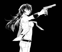  aged_up black_background breasts commentary_request cowboy_shot female greyscale gun handgun humio_(oriba) long_hair medium_breasts monochrome necktie persona persona_4 persona_x_detective shirogane_naoto simple_background weapon 