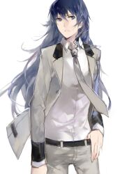  absurdres aged_up bad_id bad_pixiv_id belt blue_eyes blue_hair cotta female flat_chest formal hand_on_belt highres jacket long_hair looking_at_viewer necktie pants persona persona_4 persona_x_detective serious shirogane_naoto solo standing suit 