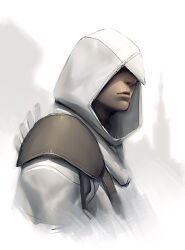  1boy altair_ibn_la-ahad armor assassin&#039;s_creed assassin&#039;s_creed_(series) commentary_request hood knife male_focus pauldrons scar shoulder_armor solo yorozu 