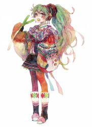  boots commentary_request facepaint female full_body green_eyes green_hair hatsune_miku long_hair open_mouth painting_(medium) pantyhose ponytail runta simple_background solo spring_onion striped_clothes striped_pantyhose traditional_media vertical-striped_clothes vertical-striped_pantyhose very_long_hair vocaloid watercolor_(medium) 