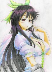  bad_id bad_pixiv_id black_hair breasts cape cleavage colored_pencil_(medium) confused female finger_to_face frown kitazinger large_breasts photoshop_(medium) red_eyes reiuji_utsuho solo touhou traditional_media 