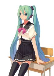  aqua_hair black_thighhighs blue_eyes chair commentary desk female fkey hatsune_miku highres long_hair looking_at_viewer nail_polish photoshop_(medium) pleated_skirt project_diva_(series) project_diva_2nd school_uniform serafuku skirt solo thighhighs twintails very_long_hair vocaloid zettai_ryouiki 