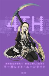  black_panties character_name closed_eyes commentary david_semsei female gothic_lolita gun headband highres lolita_fashion margaret_moonlight no_more_heroes no_more_heroes_2 pale_skin panties photoshop_(medium) pouch rifle scythe sitting sniper_rifle solo thighhighs underwear weapon 