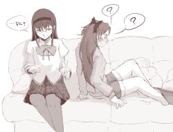  2girls ? akemi_homura blush book bow commentary_request couch cushion denim denim_shorts glasses hairband long_hair mahou_shoujo_madoka_magica mahou_shoujo_madoka_magica_(anime) mitakihara_school_uniform monochrome multiple_girls oerba_yun_fang pantyhose sakura_kyoko school_uniform shorts skirt translated uruo 