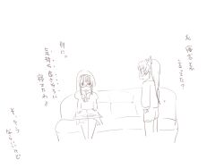  2girls akemi_homura blush book bow commentary_request couch cushion glasses hairband long_hair mahou_shoujo_madoka_magica mahou_shoujo_madoka_magica_(anime) monochrome multiple_girls sakura_kyoko school_uniform shorts skirt translated uruo 