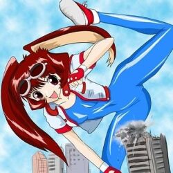  animal_ears arina_(waku_waku_7) fingerless_gloves game giantess goggles leotard manzi open_mouth red_hair sneakers tagme video waku_waku_7 