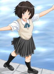  amagami brown_eyes brown_hair commentary_request female highres keisuke_(0320030103200301) kibito_high_school_uniform open_mouth outstretched_arms pleated_skirt school_uniform short_hair short_sleeves skirt smile solo sweater_vest tachibana_miya 