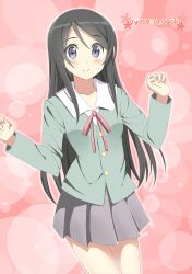  aragaki_ayase black_hair blue_eyes blush character_name commentary_request female kantoku_(style) long_hair looking_at_viewer macchaume ore_no_imouto_ga_konna_ni_kawaii_wake_ga_nai photoshop_(medium) pink_background school_uniform solo 