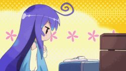  &gt;_&lt; 0_0 acchi_kocchi ahoge animated animated anime_screenshot blue_hair blush closed_eyes female long_hair lowres miniwa_tsumiki non-web_source purple_eyes smelling smelling_clothes solo 