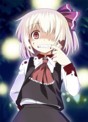  arm_behind_back ascot blonde_hair blood blood_on_clothes blood_on_face commentary_request fangs female finger_in_own_mouth hair_over_one_eye hair_ribbon lights looking_at_viewer red_eyes ribbon rumia shirt skirt skirt_set solo touhou umekichi vest 