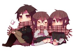  1boy 2girls braid brown_hair commentary_request durarara!! fur_trim glasses jacket multiple_girls niwako orihara_izaya orihara_kururi orihara_mairu red_eyes scarf shared_clothes shared_scarf siblings 