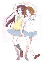  2girls 4-fingers_heart_hands akiyama_mio black_eyes black_hair brown_eyes brown_hair commentary_request heart heart_arms heart_arms_duo heart_hands heart_hands_duo k-on! karuha long_hair multiple_girls sakuragaoka_high_school_uniform school_uniform short_hair tainaka_ritsu yuri 