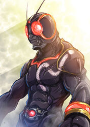  1boy antennae armor belt century_king_sun_driver gloves glowing glowing_eyes highres kamen_rider kamen_rider_black kamen_rider_black_(series) kamen_rider_black_sun kamen_rider_black_sun_(character) kingstone kuroda_asaki male_focus red_eyes solo 