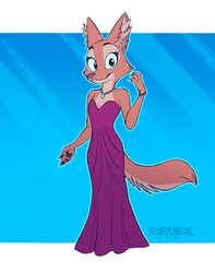  2021 4_fingers anthro blue_background bracelet canid canine claws clothing diane_foxington dreamworks dress female fingers fox fur green_eyes hi_res jewelry mammal necklace orange_body orange_fur pawpads pink_nose purple_clothing purple_dress serareldeer simple_background smile smiling_at_viewer solo the_bad_guys 