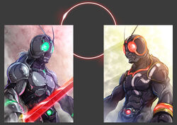  2boys antennae armor belt brothers century_king_moon_driver century_king_sun_driver commentary_request gloves glowing glowing_eyes good_twins_day green_eyes helmet holding holding_sword holding_weapon kamen_rider kamen_rider_black kamen_rider_black_(series) kamen_rider_black_sun kamen_rider_black_sun_(character) kamen_rider_shadow_moon kingstone kuroda_asaki male_focus multiple_boys red_eyes rider_belt satan_saber shadow_moon siblings sword weapon 