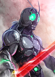  1boy antennae armor belt century_king_moon_driver green_eyes helmet highres holding holding_sword holding_weapon kamen_rider kamen_rider_black_(series) kamen_rider_black_sun kamen_rider_shadow_moon kingstone kuroda_asaki long_hair male_focus satan_saber shadow_moon solo sword weapon 