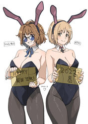  2girls animal_ears blonde_hair blue-tinted_eyewear blush bow bowtie breasts brown_eyes brown_hair character_name chinese_zodiac cleavage commission commissioner_upload covered_navel cross dated detached_collar girls&#039;_frontline grizzly_mkv_(girls&#039;_frontline) happy_new_year highres holding iron_cross large_breasts leotard looking_at_viewer looking_over_eyewear mp40_(girls&#039;_frontline) multiple_girls non-web_source open_mouth pantyhose pixiv_commission playboy_bunny purple_eyes rabbit_ears short_hair signature smile strapless strapless_leotard sunglasses tinted_eyewear triangle_bullet wrist_cuffs year_of_the_rabbit 