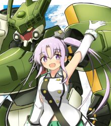  absurdres ahoge akitsushima_(kancolle) blue_sky cloud commentary_request crossover female gloves grey_hair h8k hair_ornament hair_ribbon highres kantai_collection long_hair looking_at_viewer mecha military military_uniform nishikitaitei-chan purple_eyes ribbon robot shonasan side_ponytail sidelocks sky smile uniform upper_body white_gloves 