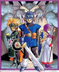  1990s_(style) 1993 2boys ankle_boots back-to-back belt belt_buckle belt_pouch blonde_hair blue_eyes bodysuit boots border buckle cape colored_sclera curly_hair demon dragon dragon_quest dragon_quest_ii fantasy female frown full_body gem gloves goggles goggles_on_headwear head_wings holding holding_weapon hood horns light_smile long_hair long_sleeves looking_at_viewer looking_back monster multiple_boys official_art open_mouth parted_bangs pinky_out pouch prince_of_lorasia prince_of_samantoria princess_of_moonbrook rapier red_eyes retro_artstyle robe scabbard scales scepter serious sheath shield short_hair sidoh smile spiked_hair staff standing sword tabard teeth toriyama_akira traditional_media tunic turtleneck weapon wings yellow_sclera 