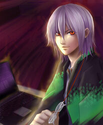  1boy bad_id bad_pixiv_id cloak computer devil_survivor glasses grey_hair laptop makippe male_focus naoya_(devil_survivor) red_eyes solo 