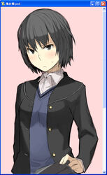  amagami black_eyes black_hair black_jacket blazer clothes_lift fake_scrollbar female jacket kibito_high_school_uniform long_sleeves nanasaki_ai out-of-frame_censoring school_uniform skirt skirt_lift solo yu_65026 