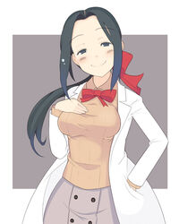  black_eyes black_hair blush bow breasts commentary_request devil_survivor female hairbow lab_coat large_breasts mochizuki_mari oza_watto perky_breasts ponytail smile solo sweater 