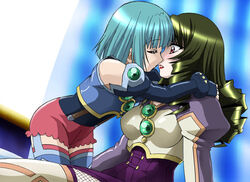  2girls age_difference aqua_hair bare_shoulders blue_thighhighs blunt_bangs blush closed_eyes commentary_request crop_top dominura_(simoun) drill_hair dutch_angle elbow_gloves embarrassed fingerless_gloves fishnet_pantyhose fishnets flat_chest garter_straps gem gloves green_hair hug imminent_kiss j.h. kissing limone_(simoun) lipstick lolicon long_hair makeup mature_female multiple_girls onee-loli open_mouth pantyhose red_eyes short_hair sidelocks simoun sitting strap surprise_kiss surprised thighhighs white_legwear yuri zettai_ryouiki 