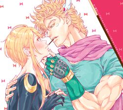  1boy bad_id bad_pixiv_id battle_tendency blonde_hair blush caesar_anthonio_zeppeli crossover facial_mark feather_hair_ornament feathers female fingerless_gloves food gloves hair_ornament jojo_no_kimyou_na_bouken kasuga_(sengoku_basara) pink_scarf pocky pocky_kiss scarf sengoku_basara shared_food short_hair_with_long_locks sidelocks straight uchiyama_lammy 