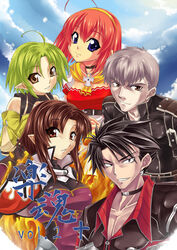  2boys 3girls ahoge black_hair blazing_souls blue_eyes breasts brown_eyes brown_hair character_request choker commentary_request gekato green_hair grey_hair hairband highres hiro_(spectral_force) jacket meu_(spectral_souls) multiple_boys multiple_girls nagi_(spectral_souls) orange_hair photoshop_(medium) scarf short_hair spectral_(series) spectral_force spectral_souls zelos_(blazing_souls) 