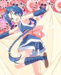  :d blue_eyes blue_hair braid commentary_request female long_hair makimachi_misao ninja oerba_yun_fang open_mouth pale_color piyodera_mucha rurouni_kenshin single_braid smile solo very_long_hair 