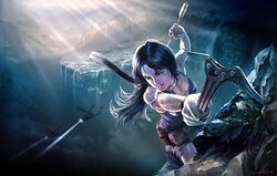  aalge aircraft arrow_(projectile) bandages black_hair blue_eyes bow_(weapon) climbing commentary_request contest_winner female helicopter highres ice_axe landscape lara_croft long_hair mountain photoshop_(medium) pixiv_tomb_raider_contest rain solo sunlight tomb_raider tomb_raider_(reboot) weapon 