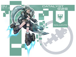  afterburner artist_request attack_ship_(eve_online) blue_fire catalyst_(eve_online) destroyer_(eve_online) emblem eve_online female fire flying gallente_federation_(eve_online) glowing green_eyes green_hair highres huanxiaogu mecha_musume personification photoshop_(medium) solo source_request thrusters weapon 