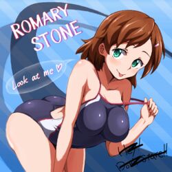  :p arm_support ass bent_over blush breasts brown_hair character_name collarbone commentary_request english_text female green_eyes gundam gundam_age hair_ornament hairclip looking_at_viewer medium_breasts one-piece_swimsuit open_mouth pulling_own_clothes romary_stone runaru short_hair solo speech_bubble strap_pull swimsuit tongue tongue_out 