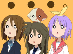  ... 3girls :&lt; animal animal_on_head black_hair bow brown_hair cat_on_head chibi clannad commentary company_connection crossover feline hair_ornament hairbow hairclip hiiragi_tsukasa hikarizaka_private_high_school_uniform hirasawa_yui ibuki_fuuko k-on! kirarin_revolution kyoto_animation lucky_star multiple_girls na-san o_o on_head purple_hair ryouou_school_uniform sakuragaoka_high_school_uniform school_uniform serafuku short_hair simple_background souten_no_tsubasa winter_uniform 