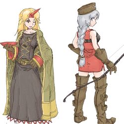  2girls archer_(fft) archer_(fft)_(cosplay) blonde_hair blue_eyes boots bow_(weapon) braid commentary_request cosplay cup final_fantasy final_fantasy_tactics gloves grey_hair hat horns hoshiguma_yuugi long_hair michael-x multiple_girls one_eye_closed red_eyes sakazuki single_horn summoner_(fft) summoner_(fft)_(cosplay) thigh_boots thighhighs touhou weapon yagokoro_eirin 