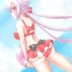  793_(oo793oo) ass ball beachball bikini bikini_skirt black_ribbon breasts dutch_angle female large_breasts long_hair low_twintails pink_ribbon purple_eyes purple_hair red_bikini ribbon senki_zesshou_symphogear sideboob solo swimsuit twintails water yukine_chris 