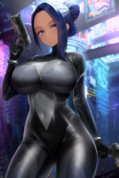  abpart blue_eyes blue_hair bodysuit breasts closed_mouth covered_navel curvy dark-skinned_female dark_skin female gun hair_bun highres holding holding_gun holding_weapon huge_breasts impossible_bodysuit impossible_clothes long_hair looking_at_viewer marsha_thompson solo tatakau_ataisuru weapon 