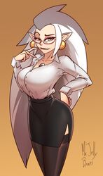  2021 absurd_res bottomwear clothing disney dress_shirt eda_clawthorne eyewear female glasses grey_hair hair heterochromia hi_res humanoid humanoid_pointy_ears legwear mature_female mr._jellybeans not_furry pale_skin pencil_skirt shirt skirt solo the_owl_house thigh_highs thigh_stockings topwear witch_(the_owl_house) 