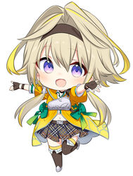  blonde_hair brown_gloves chibi female fingerless_gloves full_body gloves hairband hiyoku_no_crosspiece ieiri_popo ieiri_popo_(1st_costume) kiya_machi light_brown_hair long_hair looking_at_viewer low_twintails multicolored_hair nanashi_inc. navel pleated_skirt purple_eyes simple_background skirt solo streaked_hair thighhighs twintails virtual_youtuber white_background 