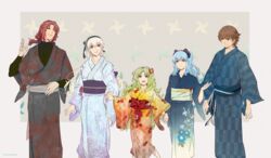  3boys 3girls alternate_costume animal_ears animal_print ao_no_kiseki aqua_hair blue_eyes bodysuit bodysuit_under_clothes bow brown_eyes brown_hair cat_ears collarbone commentary_request cowboy_shot eiyuu_densetsu elie_macdowell fake_animal_ears fish_print floral_print goldfish_print green_eyes green_hair grey_background grey_hair grin hair_ribbon hairband hairbow headpiece highres holding_hands japanese_clothes kea_(eiyuu_densetsu) kimono lloyd_bannings long_hair long_sleeves looking_at_viewer miche_(locominima) multiple_boys multiple_girls obi open_mouth ponytail randolph_orlando red_hair ribbon sash short_hair short_ponytail simple_background smile tio_plato twintails twitter_username wide_sleeves wristband yellow_eyes yukata zero_no_kiseki 