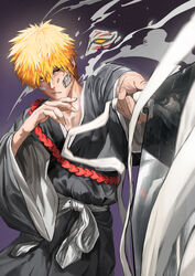  2boys absurdres bandaid bandaid_on_face bleach broken broken_mask brown-tinted_eyewear brown_hair closed_mouth eyes_visible_through_hair facial_hair fingerless_gloves glasses gloves hair_between_eyes highres holding holding_sword holding_weapon kurosaki_ichigo long_hair long_sleeves male_focus mask moustache multiple_boys orange_eyes orange_hair ossan_zabi_190 parted_lips pointing_sword pointing_weapon purple_background reflection scratches solo_focus stubble sword tinted_eyewear unworn_mask weapon wide_sleeves yellow_eyes zangetsu_(bleach) zanpakutou 