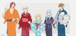  3boys 3girls absurdres alternate_costume alternate_hairstyle animal_ears animal_print ao_no_kiseki aqua_hair asa_no_ha_(pattern) blue_eyes blush bow braid brown_hair cat_ears cat_print character_mask checkered closed_eyes collarbone commentary_request cowboy_shot eiyuu_densetsu elie_macdowell fake_animal_ears fish_print floral_print flower glasses goldfish_print green_eyes green_hair grey_background grey_hair grin hair_flower hair_ornament hair_ribbon hairband hairbow headpiece highres holding_hands horns japanese_clothes jewelry kea_(eiyuu_densetsu) kimono lloyd_bannings long_hair long_sleeves looking_at_viewer mask miche_(locominima) mishy multiple_boys multiple_girls necklace obi open_mouth paw_print ponytail randolph_orlando red_hair ribbon sash short_hair short_ponytail simple_background smile stuffed_animal stuffed_toy sweatdrop tio_plato twin_braids twintails twitter_username wavy_hair wide_sleeves wristband yellow_eyes yukata zero_no_kiseki 