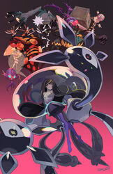  antennae bare_shoulders blacephalon black_hair blue_eyes blue_pupils buzzwole celesteela colored_sclera colored_skin commentary dress e_volution female fusion gradient_background guzzlord joints long_hair looking_at_viewer lusamine_(pokemon) lusamine_fused_(pokemon) multicolored_hair naganadel nihilego no_shoes pantyhose parted_lips pheromosa poipole pokemon pokemon_(creature) pokemon_sm purple_eyes purple_legwear sleeveless sleeveless_dress stakataka streaked_hair teeth very_long_hair white_hair white_skin xurkitree yellow_eyes 